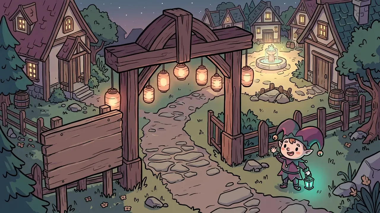 A wooden gate, with the jester and a lantern