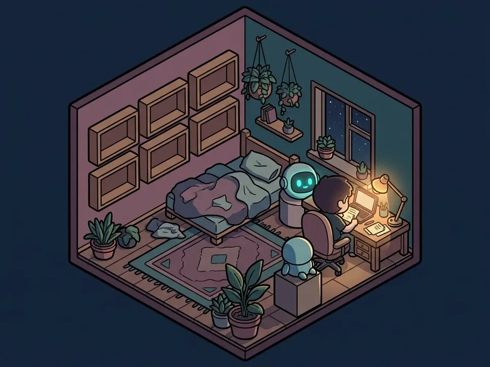 A cutaway room with six empty shelves